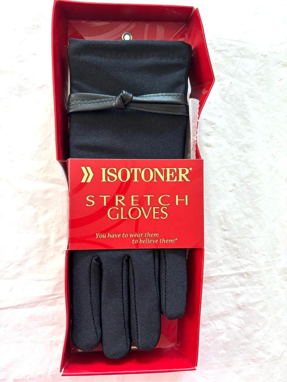 Isotoner Black Stretch Gloves with Ribbon Detail